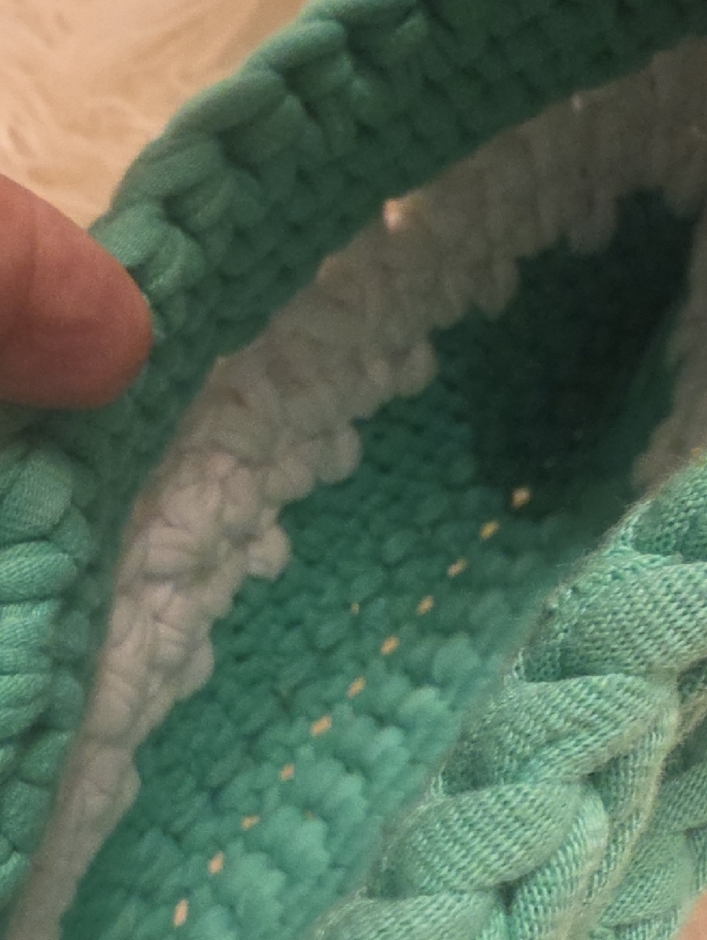 Handwoven Teal and Cream Mini Crochet Bag 11× 8.5  From the Handle to the Bottom - Picture 6 of 11